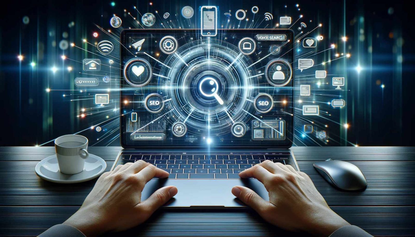 Zwei Hände tippen auf einem Laptop, der diverse Icons anzeigt, die auch über den Monitor hinausstrahlen. Die Grafik ist durch KI generiert und ist ein Symbolbild für SEO Trends 2024