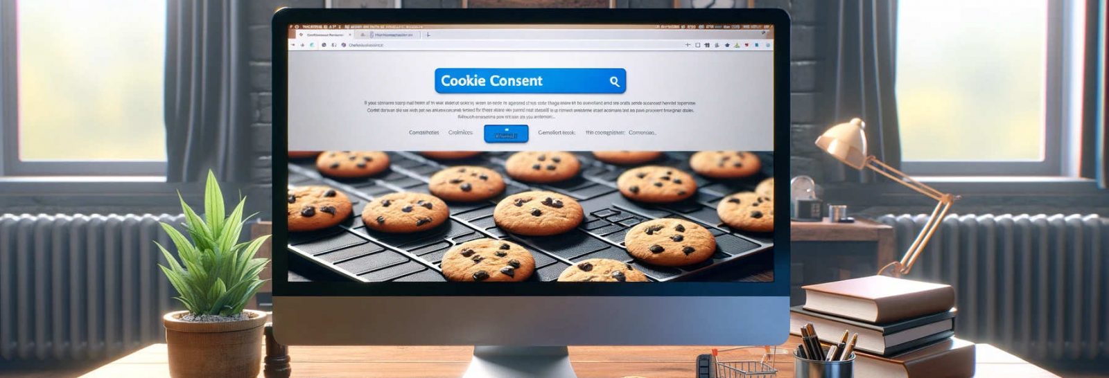 Ein PC-Monitor zeigt ein Cookie-Consent-Banner, das auch echte Kekse zeigt, als Symbolbild für den Begriff Consent Management Platform.