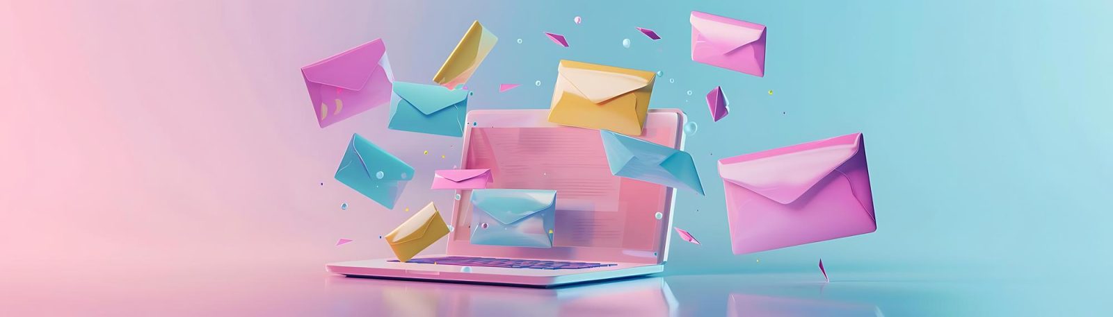 Die Grafik zeigt einen rosa Laptop, über dem diverse bunte Briefumschläge fliegen. Symbolbild für E-Mail-Marketing