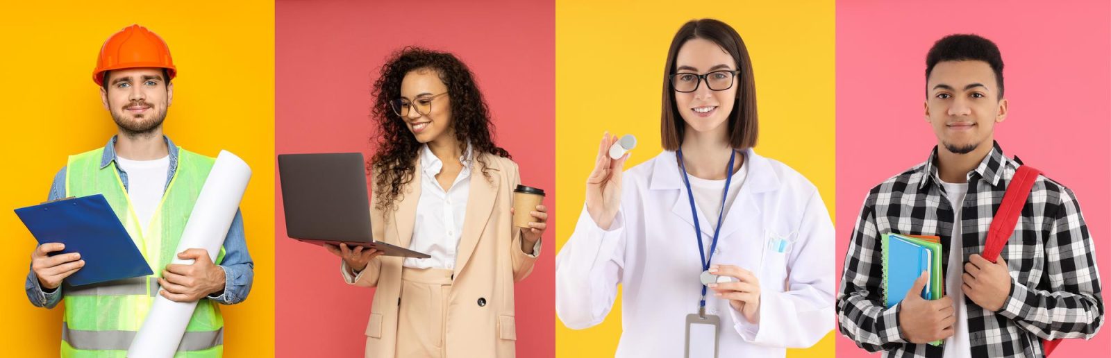 Eine Collage aus vier verschiedenen Fotos, die Arbeitnehmerinnen und Arbeitnehmer in typischer Arbeitskleidung zeigen - Symbolbild für digitales Employer Branding