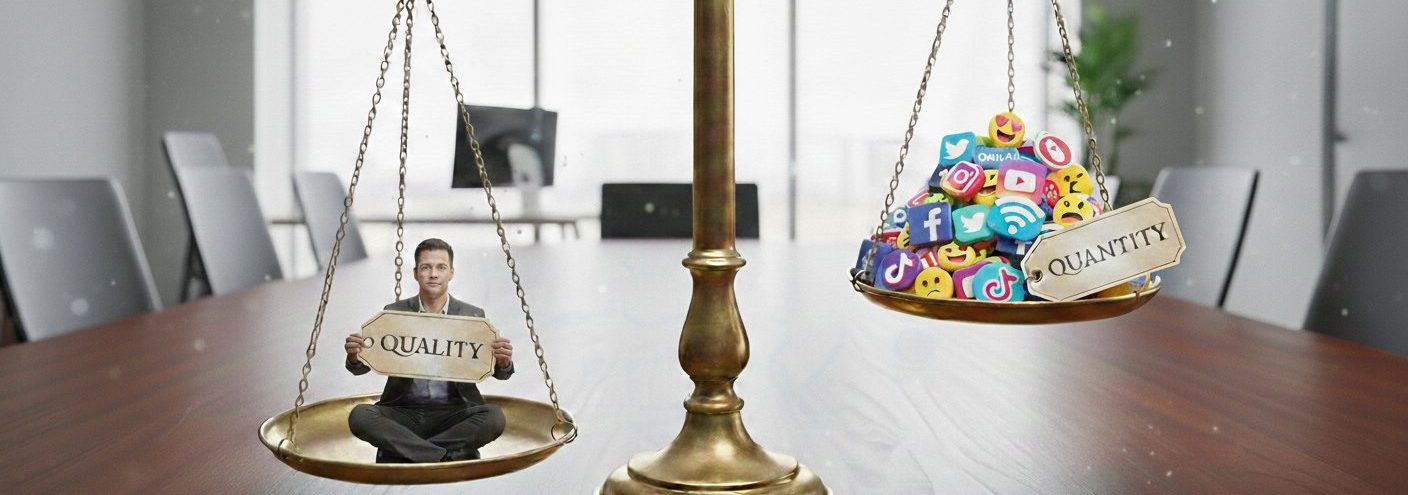 Die KI-generierte Grafik zeigt als Symbol für Unternehmenskommunikation eine Waage. In der tieferen Wagschale sitzt ein Büroarbeiter und hält das Schild mit Aufschrift Qualität hoch, in der anderen Schale liegen Internetsymbole mit dem Schild Quantität.