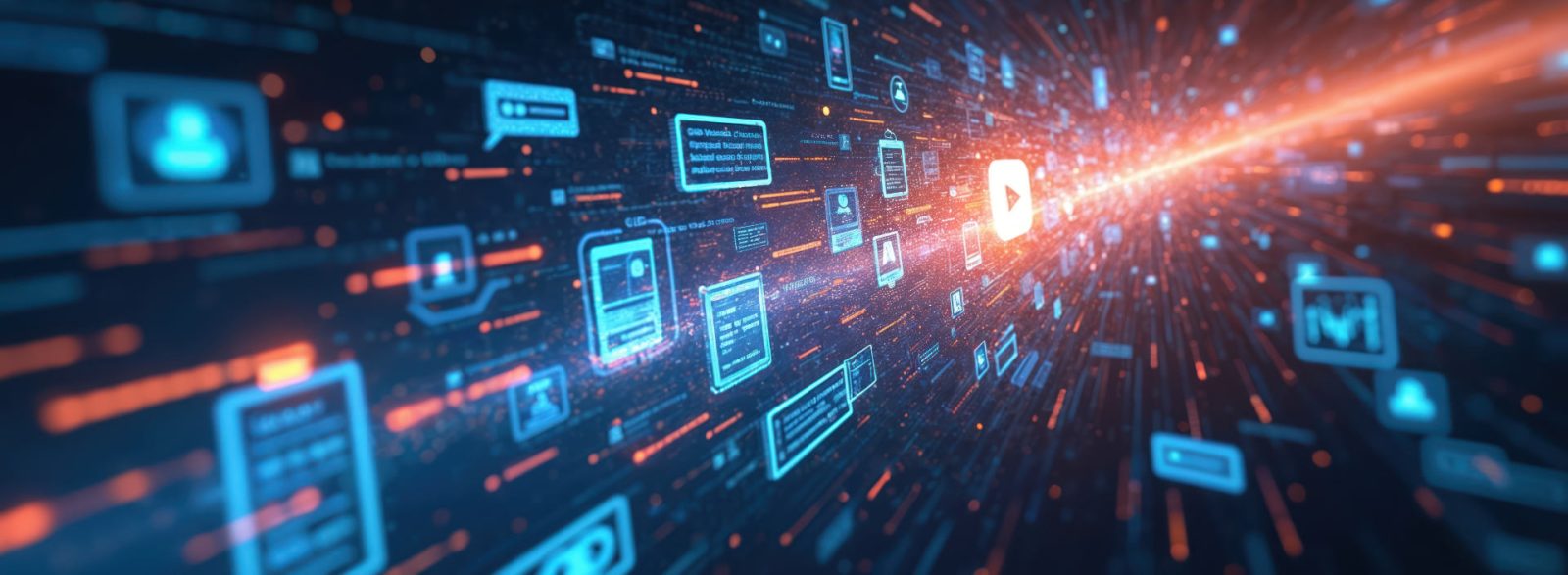 Die Grafik zeigt digitale Symbole und einen Lichtblitz, die in einem dunklen, weltraumähnlichen Raum schweben. Symbolbild für SEO Trends 2026