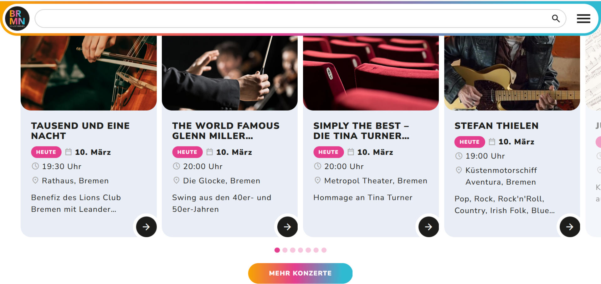 Ein Ausschnitt des Eventportals So lebt Bremen, das Konzerte in Bremen anzeigt.