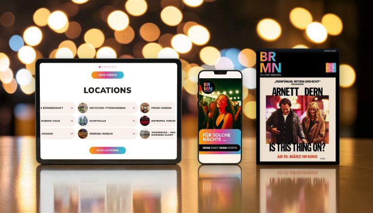 Die Collage zeigt das Eventmagazin So lebt Bremen sowie die Handy-App und die Website auf einem Tablet-PC.
