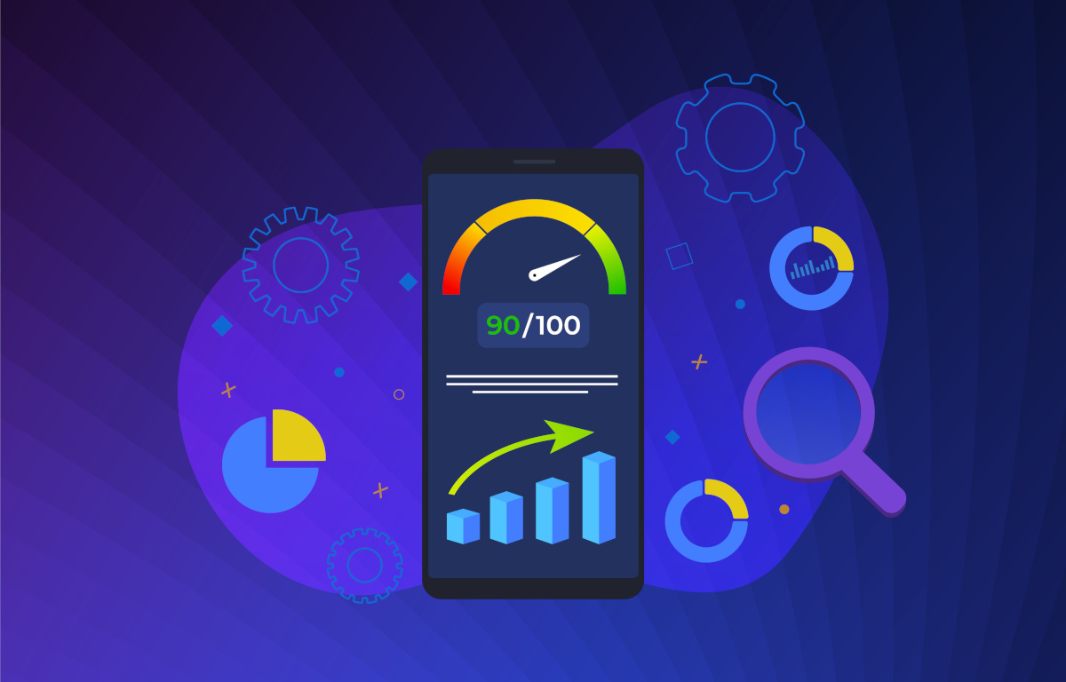 Grafik eines Smartphones mit einem Geschwindigkeitsmesser für Websites in der mobilen Ansicht