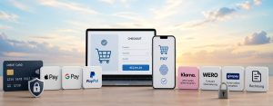 Die KI-erzeugte Collage zeigt einen Laptop und ein Handy sowie diverse Buttons mit Logo von Payment-Anbietern vor einem schönen Himmel. Symbolbild für moderne Payment-Lösungen im E-Commerce